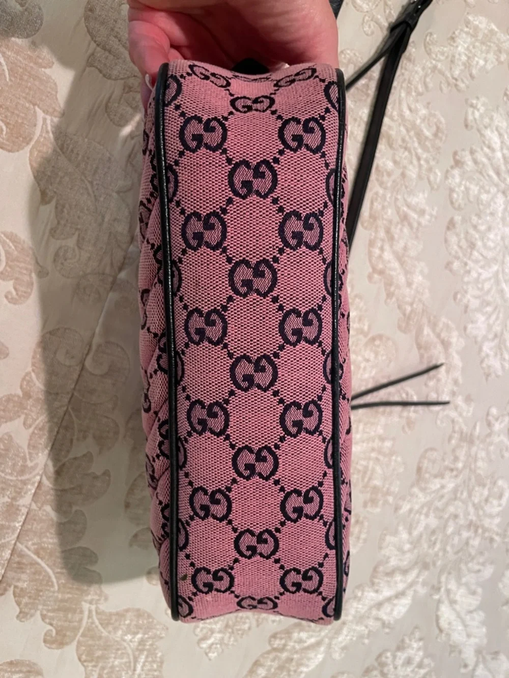 Gucci Pink GG Canvas Crossbody with Black Trim